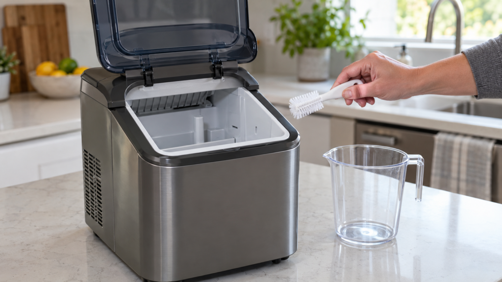 A countertop nugget ice maker with its lid lifted and the empty water reservoir visible, a hand holding a small white cleaning brush beside a clear measuring cup on a light quartz countertop, soft daylight, an American kitchen. A small countertop appliance, not an oven.