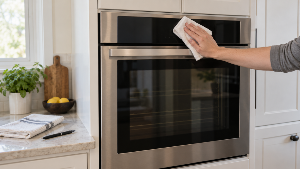 A built-in wall oven with its door closed and its control panel dark, a bare hand pressing a dry cloth against the flat glass keypad while a pen and a folded towel rest on the counter beside it, an American kitchen, soft morning light. A wall oven, not a microwave or a range.