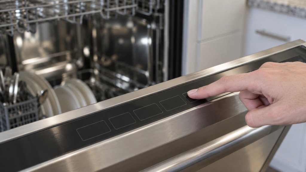 The top control edge of an open dishwasher door seen close and at an angle, a row of unlit touch pads along the edge with one fingertip resting on a pad, the stainless tub blurred behind, an American kitchen, soft window light. A dishwasher, not an oven.