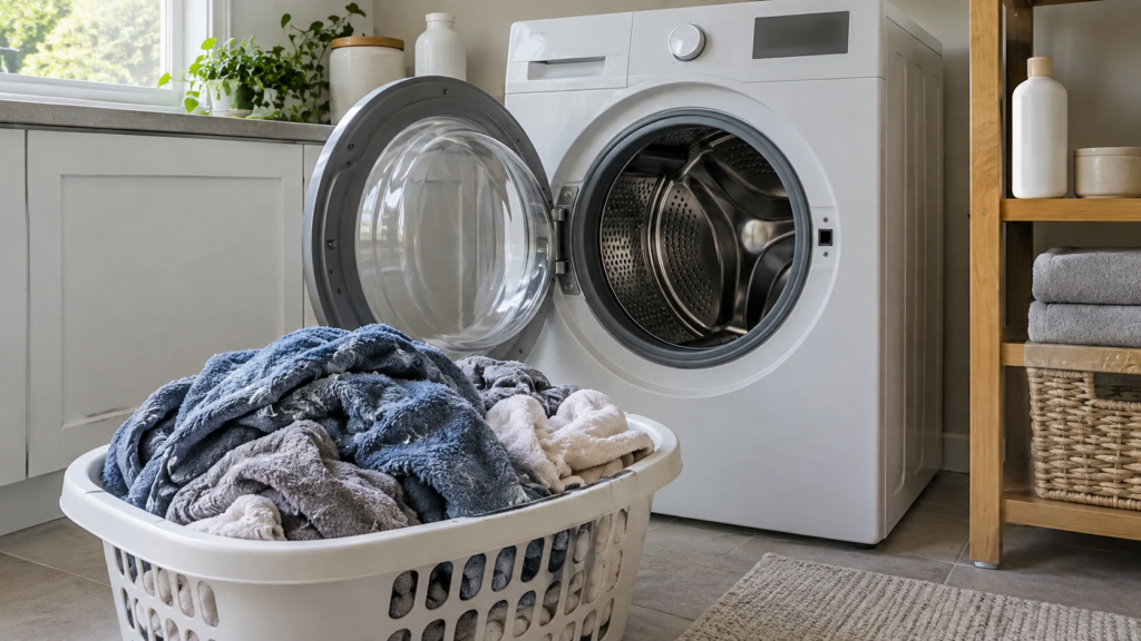 A front-load washing machine with its door open and the empty stainless drum visible, a laundry basket piled high with wet towels on the floor in front of it, an American laundry room, even daylight.