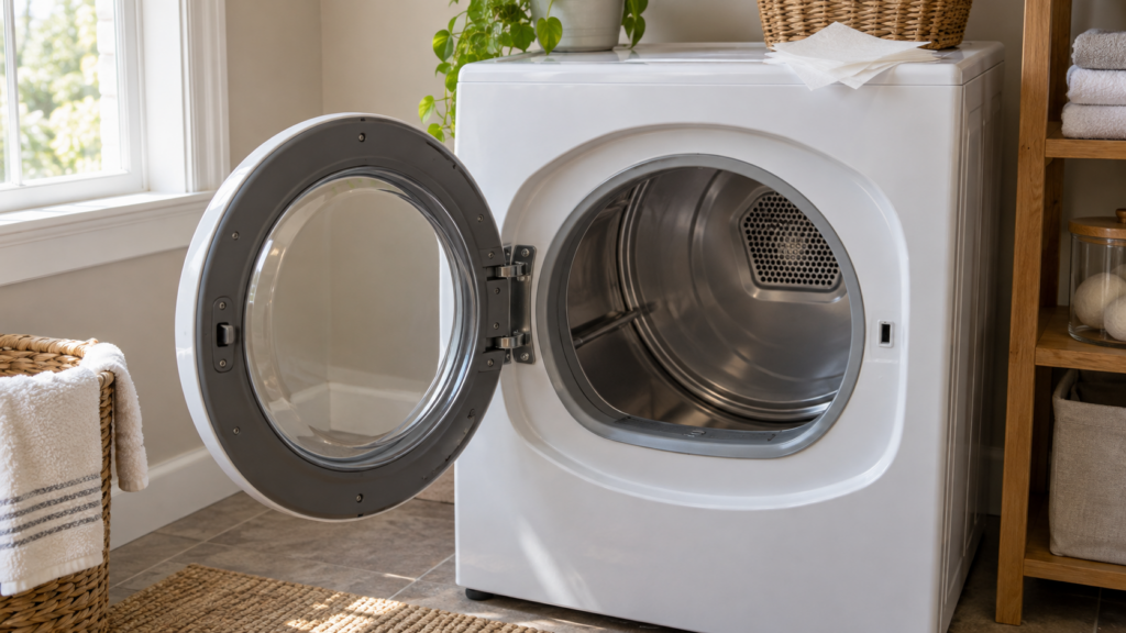 The open door of a white front-load clothes dryer seen at eye level with an empty drum, a few dryer sheets fanned out on top of the machine, an American laundry room, soft window light.