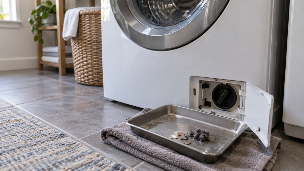 The drain pump access panel at the bottom front of a front-load washer open over a shallow tray holding coins and lint.
